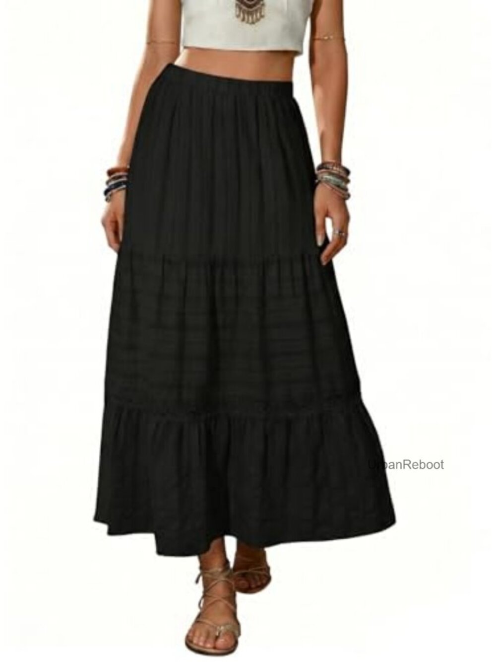 Boho Tiered High Waisted Cotton Long Flowy Maxi Skirt